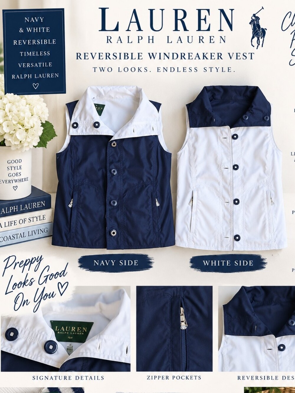 NWT! Lauren Ralph Lauren Blue and White Reversible Windbreaker Vest Size Petite